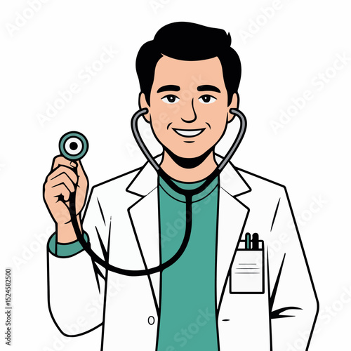 Smiling male doctor holding stethoscope medical professional healthcare illustration pen coat help icon happy white