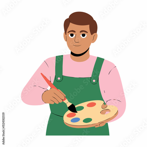 Young male artist painting with brush and palette colorful creative artwork man flat happy hobby skill style image colors