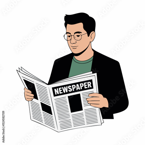 Man in glasses reading a daily newspaper illustration graphic design art flat male print media retro style black white