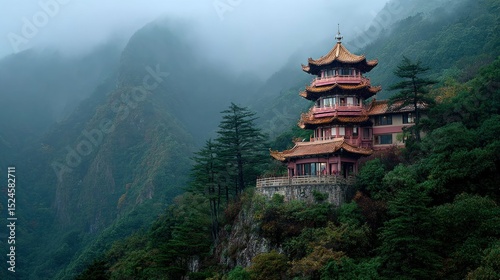 Majestic Pagoda Perched on Lush Mountainside, enveloped in Mystical Fog