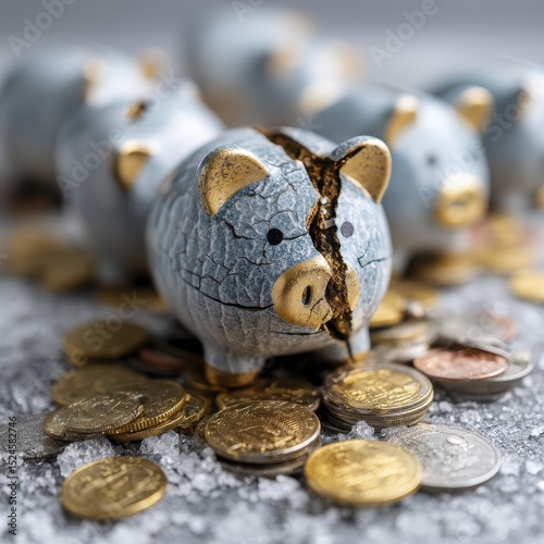 Close-up shot of a cracked piggy bank with spilling coins, illustrating financial difficulty - bank detail penniless damaged trouble ruin