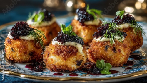 Exquisite Caviar Topped Appetizers Displayed on Decorative Plate Close-up