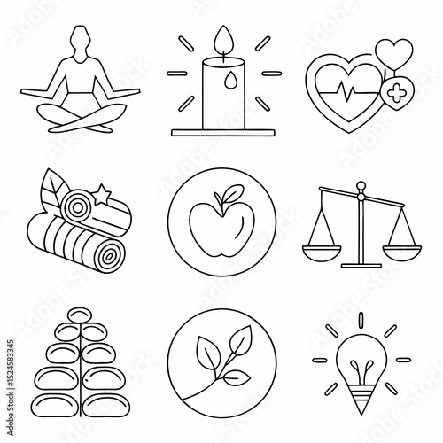 A minimalistic line-style vector icon set representing wellness, mindfulness, and healthy living through symbols like yoga, meditation, healthy food, sleep, and self-care.