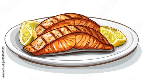 Three grilled salmon fillets arranged on a white plate, garnished with lemon slices.  The salmon is cooked to a light brown, showcasing grill marks