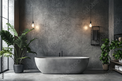 Interior of a modern bathroom featuring smooth poured concrete walls and floors