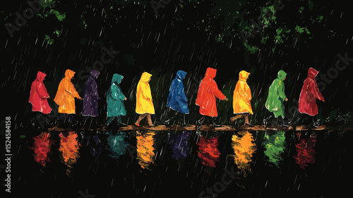 A bright minimal graphic of a village path turned into a shallow stream by monsoon showers, villagers in colorful raincoats crossing a wooden plank bridge