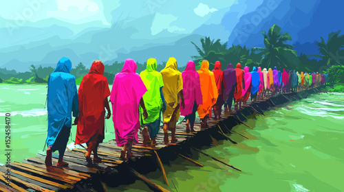A bright minimal graphic of a village path turned into a shallow stream by monsoon showers, villagers in colorful raincoats crossing a wooden plank bridge