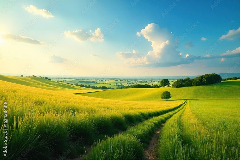 Fototapeta premium Vast, flat farmland stretches to the horizon under a big sky Rolling fields meet the distant trees creating a tranquil landscape Perfect for idyllic, peaceful imagery , trees, bright, clouds