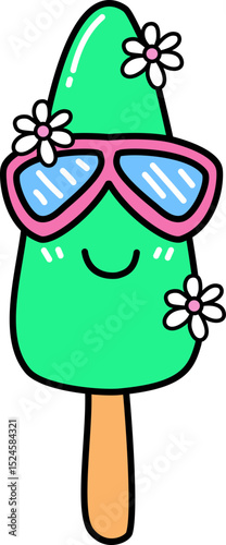 Retro Groovy Summer Cartoon Green Popsicle with Sunglasses and Flowers