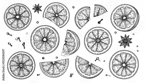 Hand-drawn illustration of various citrus fruit slices, whole and segmented, interspersed with star anise and cloves on a white background