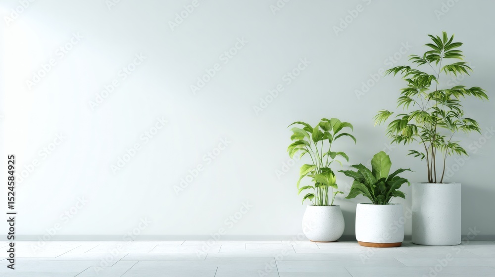 Fototapeta premium Three potted plants against a minimalist white wall