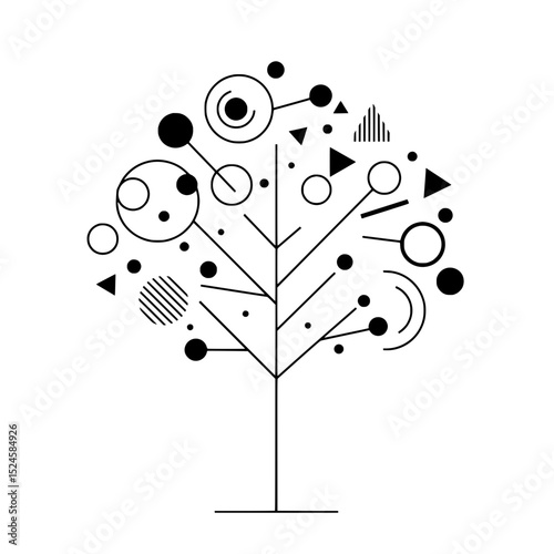 Abstract Geometric Tree: A modern, artistic interpretation of a tree, rendered with minimalist lines and geometric shapes, symbolizing growth, connection, and the environment.