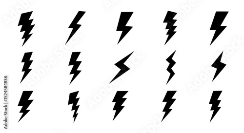 Lightning Bolt Icon Set: A collection of diverse lightning bolt icons, perfect for graphic design projects needing a dynamic and energetic visual element.