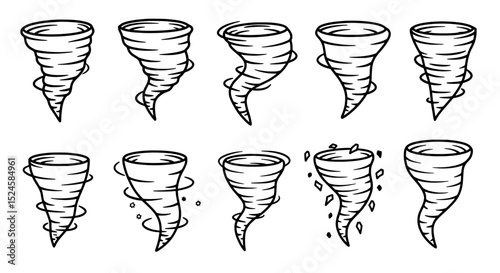 Tornado Collection: A set of twelve hand-drawn tornado illustrations, showcasing various stages of a twister's formation and intensity.  Perfect for weather-related designs and graphic projects.