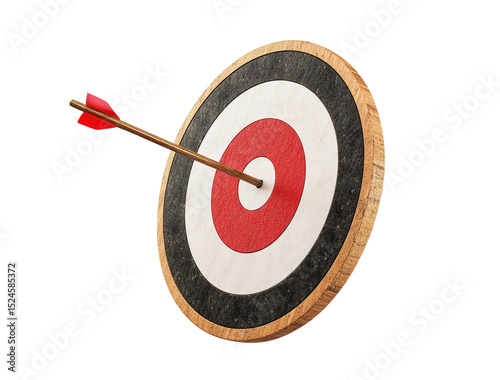 3D target with arrow in the center, bullseye, hit the mark transparent PNG, isolated background. Success, accomplishment, achievement, right on target, reaching a goal symbol concept