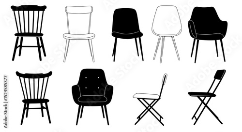 Array of Chair Design: A collection of chairs showcases different styles, each piece rendered with clean, minimalistic lines in a vector graphic.