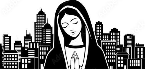 Stylized virgin mary with buildings in black and white