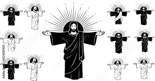 Jesus christ with arms outstretched and sun behind