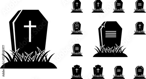 Black tombstone with cross on a white background