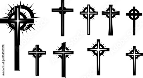 Stylized black christian cross with spiked circle