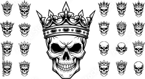 Stylized black and white skull with crown design