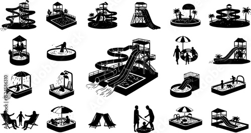 Summer water park, icon set, vector, silhouette,