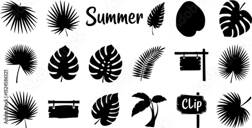 Summer tropical leaves icon set vector silhouette