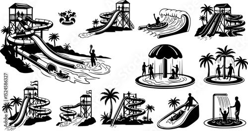 Summer water park, icon set, vector, silhouette,