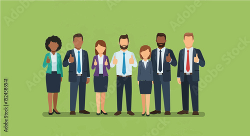Diverse animated corporate team on green background