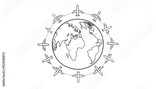A simple line drawing depicts airplanes circling a sketched globe, symbolizing global air travel and interconnectedness