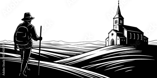 Pilgrim walking toward church on hilly landscape
