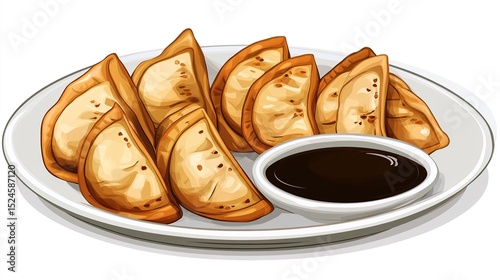 Pan-fried dumplings arranged on a white plate, accompanied by a small bowl of dark dipping sauce.  The dumplings are golden brown and appear crispy
