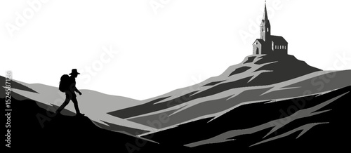 Pilgrim walking toward church on hilly landscape