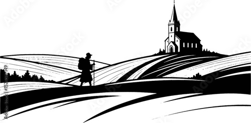 Pilgrim walking toward church on hilly landscape