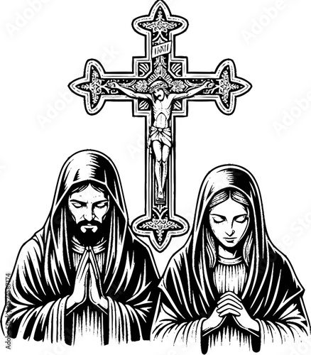 Two figures with cross in monochrome illustration