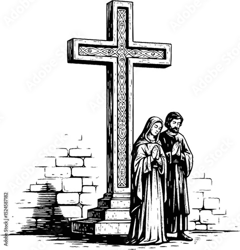 Two figures with cross in monochrome illustration