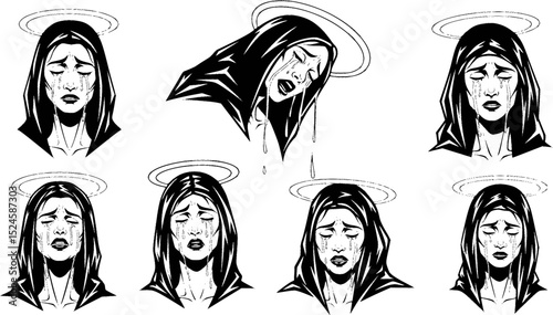 Stylized weeping figure with halo and sharp edges