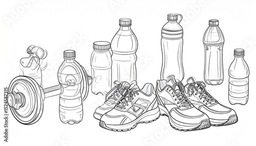 Line drawing of athletic shoes, dumbbells, and various water bottles; suggesting fitness and hydration