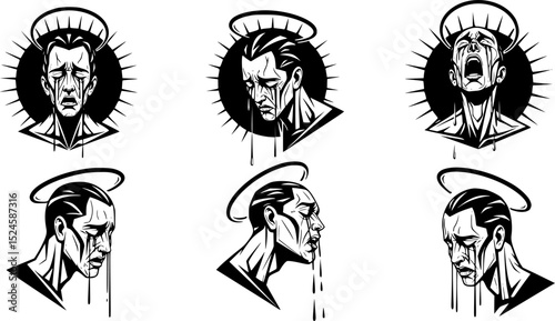 Stylized weeping figure with halo and sharp edges