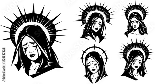 Stylized weeping figure with halo and sharp edges