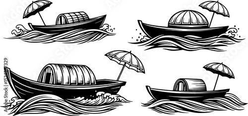Silhouette boat with umbrella and domes on waves