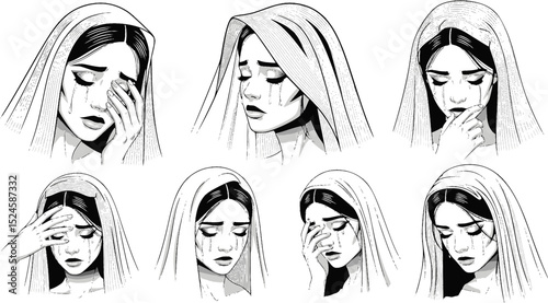 Stylized weeping woman with veil in black and white