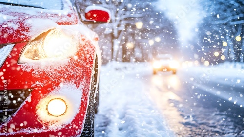 A red car stands covered in snow amidst a winter blizzard on a snowy road