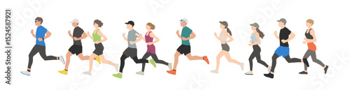 Mixed Group of Runners in Summer Outfits Jogging Together