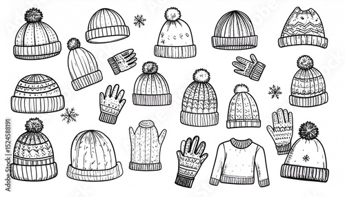 Hand-drawn collection of winter apparel including various styles of knitted hats and gloves, plus a simple sweater, depicted in black and white line art