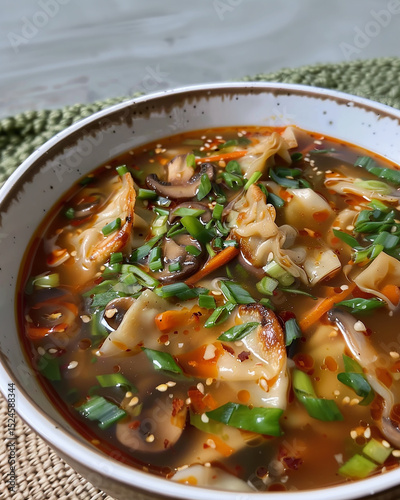 Spicy wonton soup with mushrooms and scallions