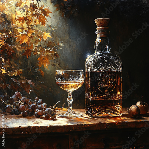 Vintage wine bottle with glass and grapes - still life