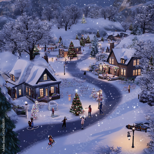 Christmas village in snow illustration