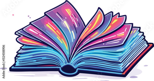 Vibrant abstract illustration of an open book with colorful glowing pages and illustration style