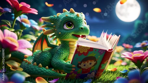 Adorable dragon reading a book in a colorful flower garden at night